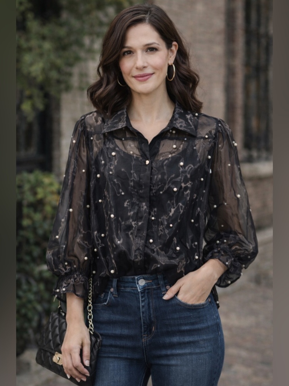 Boston Proper Sheer Pearl Blouse Black Organza Button Front S